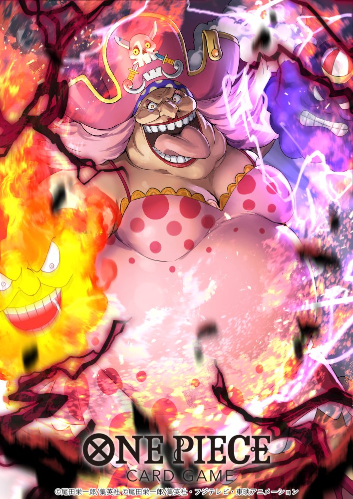 1girl charlotte_linlin clenched_teeth commentary_request copyright_name dai-xt dress electricity evil_grin evil_smile fire grin hat headscarf long_hair looking_at_viewer official_art one_piece one_piece_card_game pink_dress pink_hair pirate_hat prometheus_(one_piece) red_lips smile teeth tongue tongue_out zeus_(one_piece)
