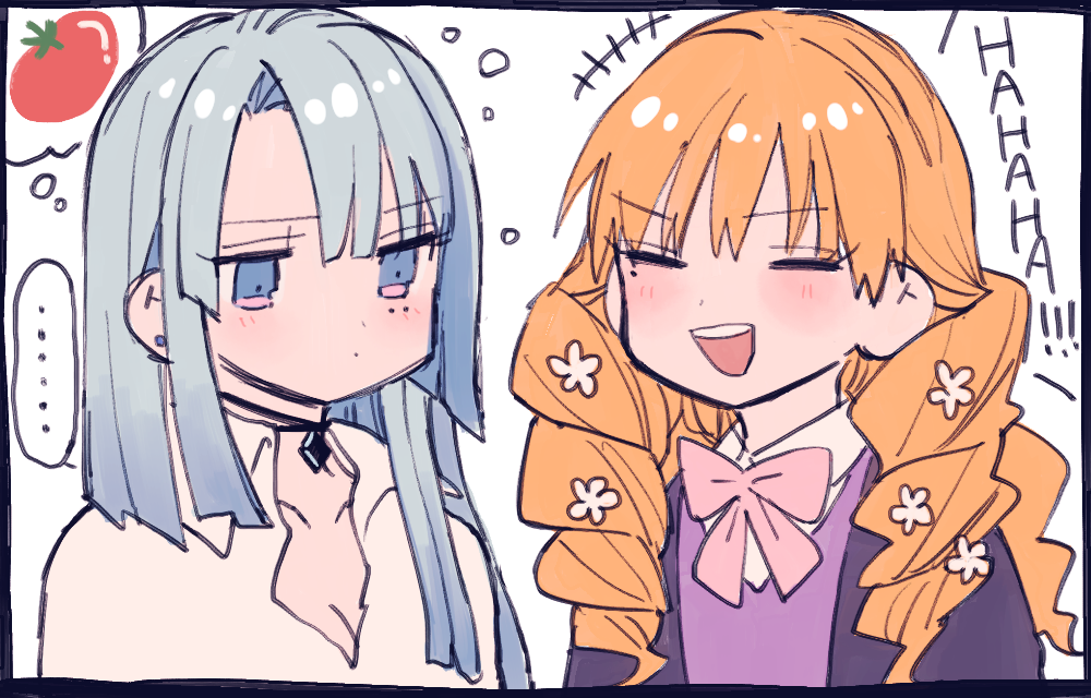 ... 2girls amane_(7783) blue_eyes blue_hair blue_jacket blush bow bowtie breasts cleavage closed_eyes commentary_request drill_hair jacket long_hair mole mole_under_eye multiple_girls multiple_moles open_mouth orange_hair original pink_bow pink_bowtie purple_sweater shirt spoken_ellipsis sweater teeth twin_drills upper_teeth_only white_shirt