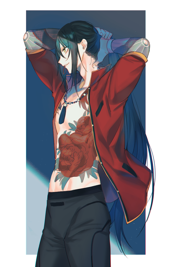 1boy alternate_hairstyle black_hair black_leggings black_male_swimwear bunching_hair commentary_request dragon_tattoo fate/grand_order fate_(series) feet_out_of_frame flower_tattoo full-body_tattoo green_eyes hair_between_eyes holding holding_own_hair jacket jewelry katagiri_(mighty_swing) leggings long_hair long_sleeves looking_away male_focus male_swimwear necklace official_alternate_costume pearl_necklace ponytail red_jacket smile solo swim_trunks tattoo toned toned_male very_long_hair yan_qing_(fate) yan_qing_(training_wear)_(fate)