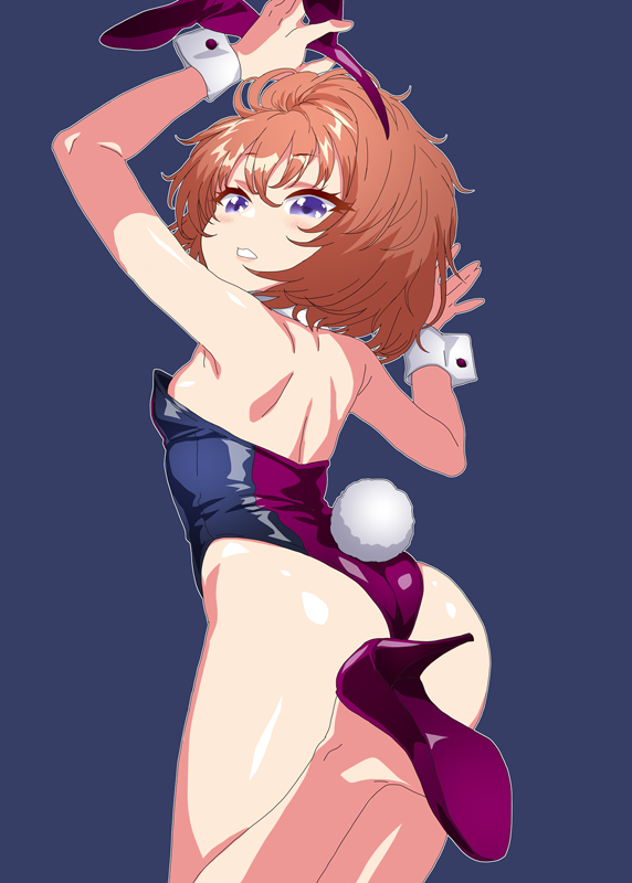 1girl animal_ears ass blue_background breasts brown_hair commentary_request detached_collar from_above from_behind gundam gundam_unicorn high_heels leotard marida_cruz minazuki_noumu multicolored_leotard playboy_bunny purple_eyes purple_footwear purple_leotard rabbit_ears rabbit_tail short_hair simple_background small_breasts solo standing standing_on_one_leg strapless strapless_leotard tail two-tone_leotard wrist_cuffs