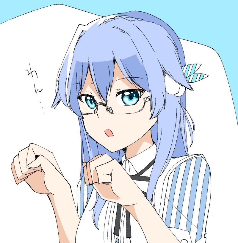 1girl 22/7 :o blue_eyes blue_hair bow diagonal-striped_bow dress glasses hair_bow light_blue_hair long_hair looking_at_viewer looking_to_the_side maruyama_akane neck_ribbon paw_pose portrait ribbon rikaisha semi-rimless_eyewear short_sleeves solo striped_clothes striped_dress trefle_r under-rim_eyewear vertical-striped_clothes vertical-striped_dress