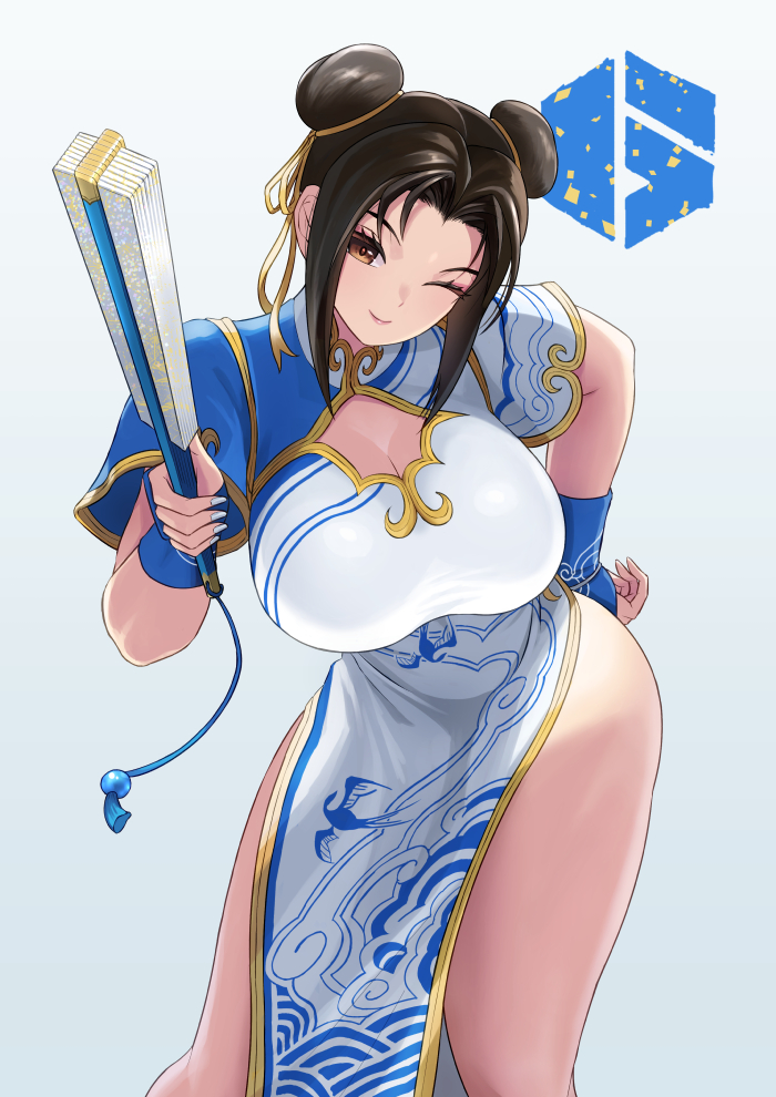 1girl bad_tag blue_dress blue_nails breasts brown_hair capcom chun-li cleavage cosplay crossover double_bun dress ema_(emaura) fatal_fury hair_bun hand_fan holding holding_fan large_breasts looking_at_viewer shiranui_mai shiranui_mai_(cosplay) smile solo street_fighter street_fighter_6 the_king_of_fighters thighs