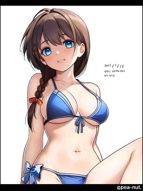 1girl bikini black_hair blue_bikini blue_eyes braid breasts front-tie_bikini_top front-tie_top hair_between_eyes hair_over_shoulder hanako_(peanut) kantai_collection large_breasts long_hair navel official_alternate_costume parted_bangs shigure_(kancolle) shigure_kai_san_(swimsuit)_(kancolle) side-tie_bikini_bottom single_braid smile solo swimsuit