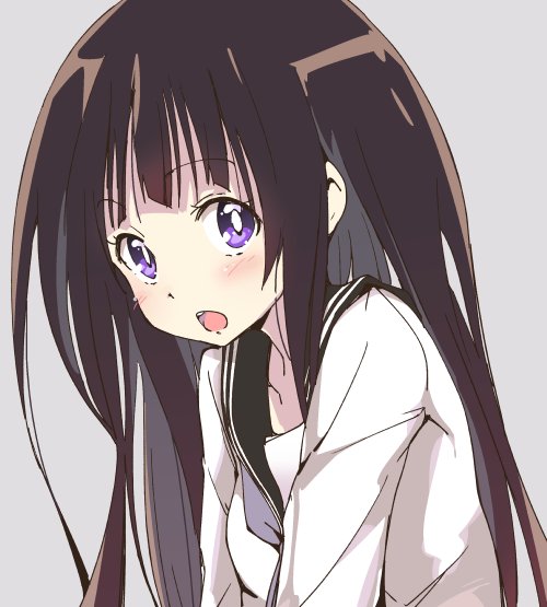 1girl black_sailor_collar blush bright_pupils brown_hair chitanda_eru commentary_request grey_background hyouka ixy kamiyama_high_school_uniform_(hyouka) long_hair looking_at_viewer open_mouth purple_eyes sailor_collar school_uniform shirt simple_background solo upper_body white_pupils white_shirt