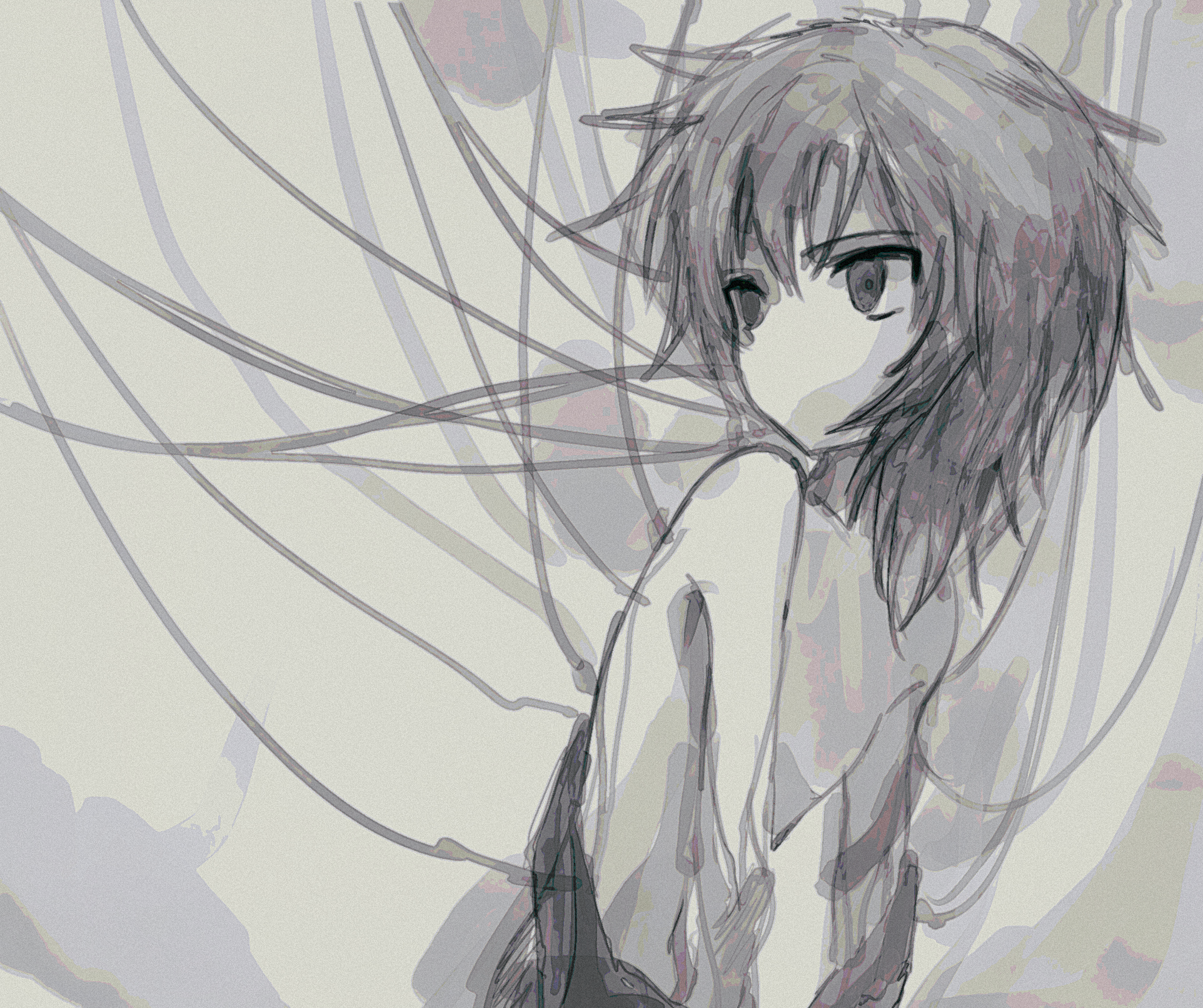 1other androgynous atoymk cable commentary empty_eyes film_grain greyscale highres korean_commentary kurohebi len&#039;en medium_hair monochrome no_headband no_mouth no_nipples other_focus sketch solo topless_other upper_body