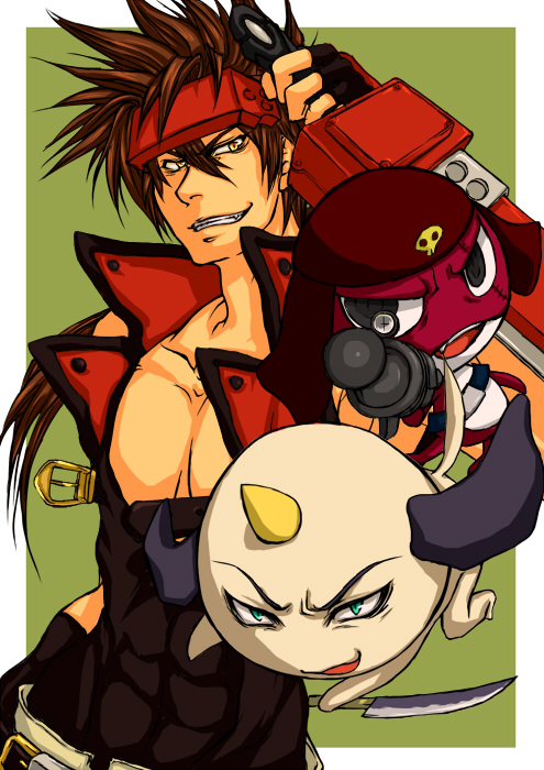 00s angry arc_system_works bad_id bad_pixiv_id black_eyes blue_eyes brown_hair creature crossover dai_mahou_touge dog fingerless_gloves giroro gloves grin guilty_gear gun hat headband horns keroro_gunsou knife long_hair messy_hair nakata_jouji paya-tan ponytail voice_actor_connection single_horn smile sol_badguy suoh weapon yellow_eyes
