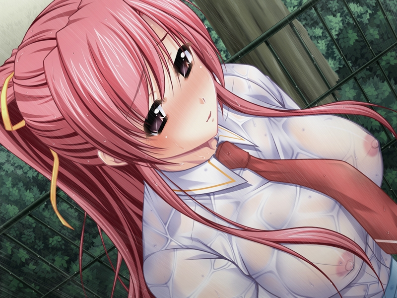 13cc 13cm blush breasts covered_erect_nipples koube_tsurara large_breasts long_hair love_bind nipples no_bra onohara_shizuku pink_hair purple_eyes rain see-through_clothes shirt tagme wet wet_clothes