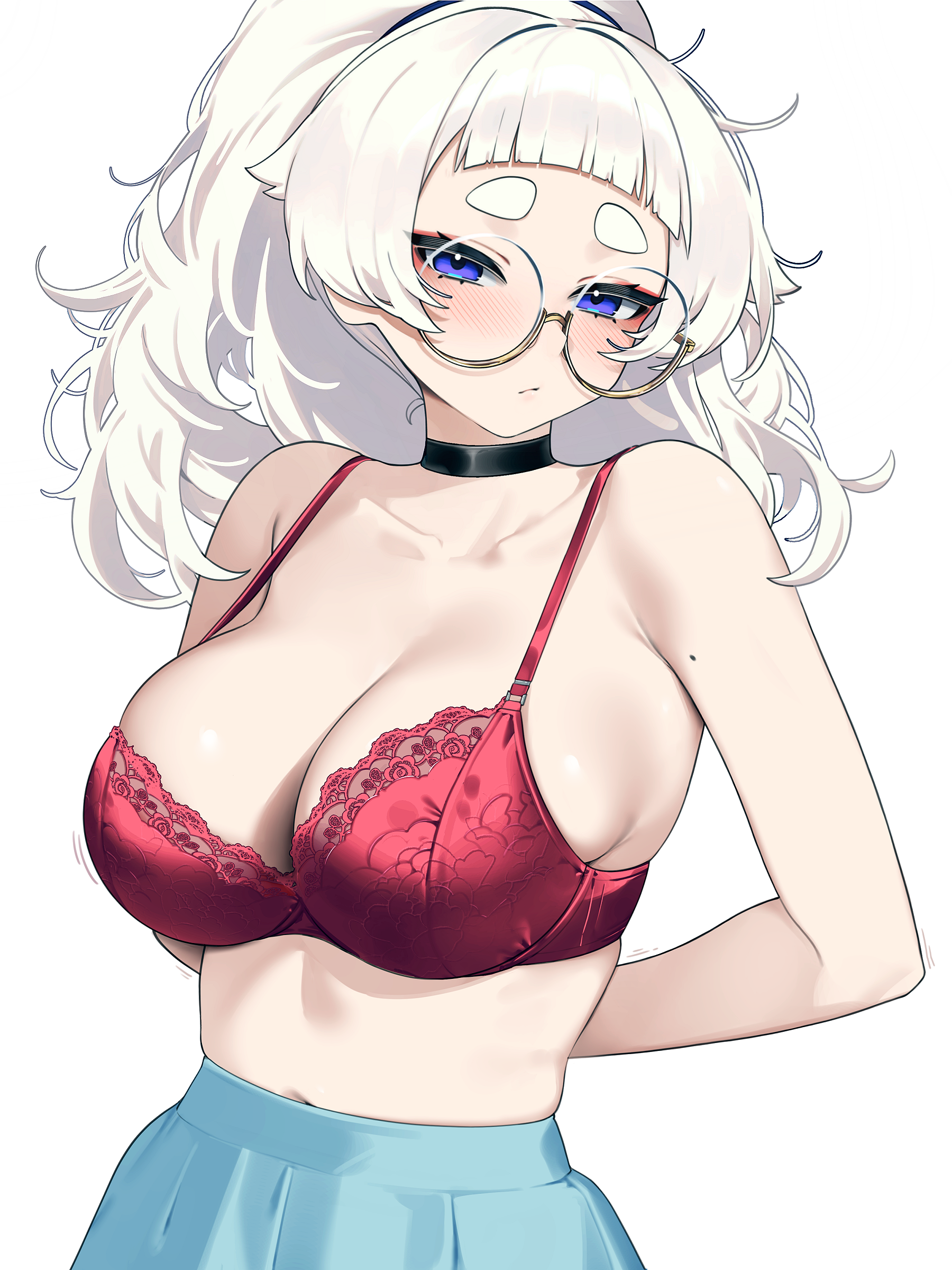 1girl absurdres arms_behind_back bare_shoulders black_choker blue_eyes blue_skirt blunt_bangs bra breasts choker cleavage closed_mouth collarbone commentary glasses highres large_breasts looking_at_viewer meg_(wakamepiza) mole mole_on_arm original pleated_skirt ponytail red_bra round_eyewear simple_background skirt solo symbol-only_commentary thick_eyebrows underwear wakamepiza white_background white_hair