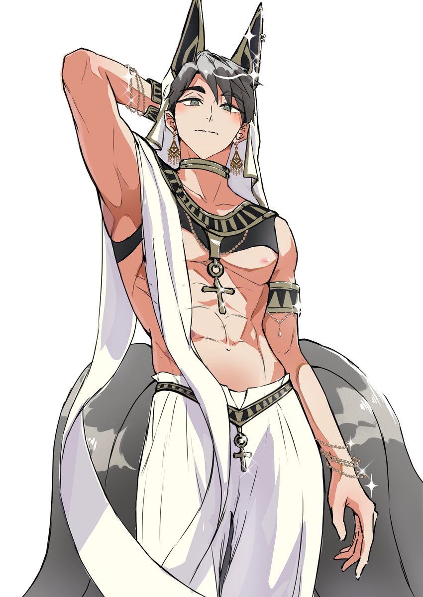 1boy abs ancient_egyptian_clothes animal_ears arm_up armlet bare_pectorals bare_shoulders belt bracelet closed_mouth commentary_request earrings grey_eyes grey_hair groin haikyuu!! harem_pants highres jackal_ears jewelry kemonomimi_mode l192187 light_smile looking_at_viewer male_focus miya_osamu multiple_bracelets navel necklace pants parted_bangs pectorals piercing simple_background solo sparkle standing toned toned_male white_background white_pants