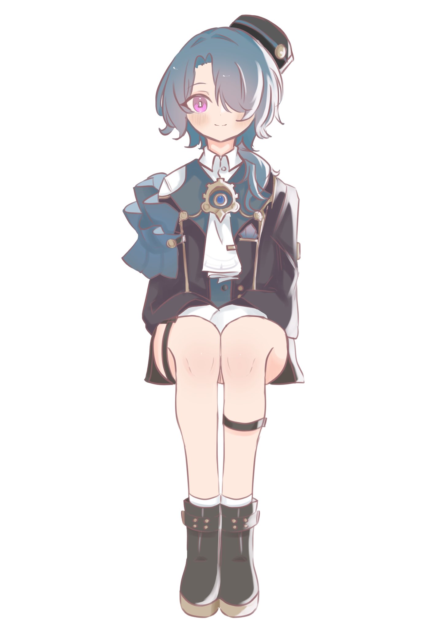 1boy ascot beret blue_hair boots closed_mouth full_body gloves hair_over_one_eye hat highres honkai:_star_rail honkai_(series) invisible_chair long_sleeves looking_at_viewer male_focus misha_(honkai:_star_rail) ponytail purple_eyes short_hair shorts simple_background sitting smile solo suiu_06007 thigh_strap thighs white_ascot white_background