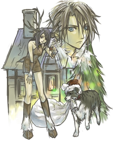 1boy 1girl alternate_costume angelo_(ff8) animal animal_collar animal_ears antlers bell black_hair blue_eyes boots brown_dress brown_footwear chimney christmas clothed_animal collar commentary_request cropped_shoulders deer_ears deer_girl deer_tail detached_sleeves dog dress final_fantasy final_fantasy_viii fir_tree full_body fur-trimmed_sleeves fur_trim hand_on_own_leg hand_up hat hinokami holding holding_sack hooves horns house knee_boots leaning_forward long_hair looking_down mouth_hold multicolored_fur neck_bell reindeer_antlers rinoa_heartilly sack santa_hat scar scar_on_face short_dress sleeveless sleeveless_dress squall_leonhart standing tail tree white_fur