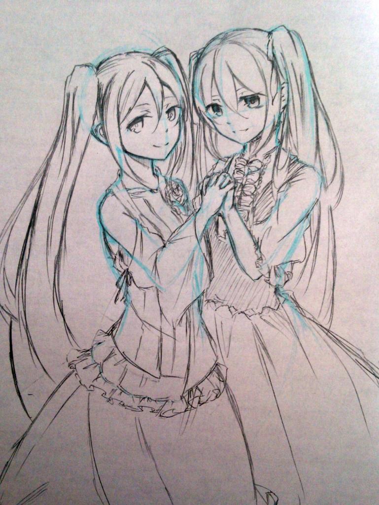2girls commentary_request creator_connection detached_sleeves dress dual_persona empty_eyes evil_smile evillious_nendaiki flower frilled_dress frills graphite_(medium) hair_ribbon hatsune_miku holding_hands long_hair mayo_(mayone-u) monochrome moonlit_bear_(vocaloid) multiple_girls nemurase_hime_kara_no_okurimono_(vocaloid) ribbon selfcest short_sleeves sketch smile songover spoilers traditional_media twintails very_long_hair vocaloid yuri