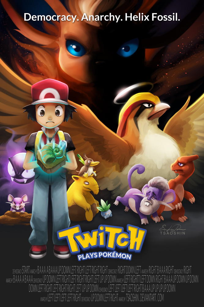 1boy charmeleon drowzee english_text farfetch&#039;d flareon game_freak gastly gen_1_pokemon helix_fossil jay_leno movie_poster nintendo oddish pidgeot pokemon pokemon_(creature) rattata red_(pokemon) tsaoshin twitch_plays_pokemon