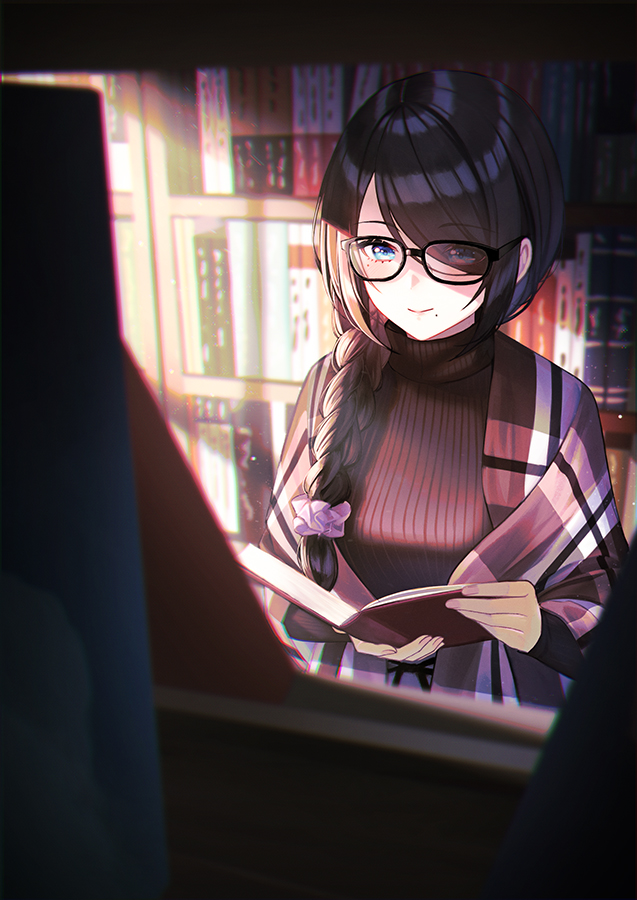 1girl black_hair blue_eyes book bookshelf braid eyes_visible_through_hair glasses hair_ornament hair_over_one_eye hair_over_shoulder hair_scrunchie holding holding_book indoors library light light_particles light_rays long_hair long_sleeves mole mole_under_eye mole_under_mouth nail_polish original plaid_clothes plaid_shawl scrunchie shawl slice_of_life smile solo sweater turtleneck turtleneck_sweater unowen