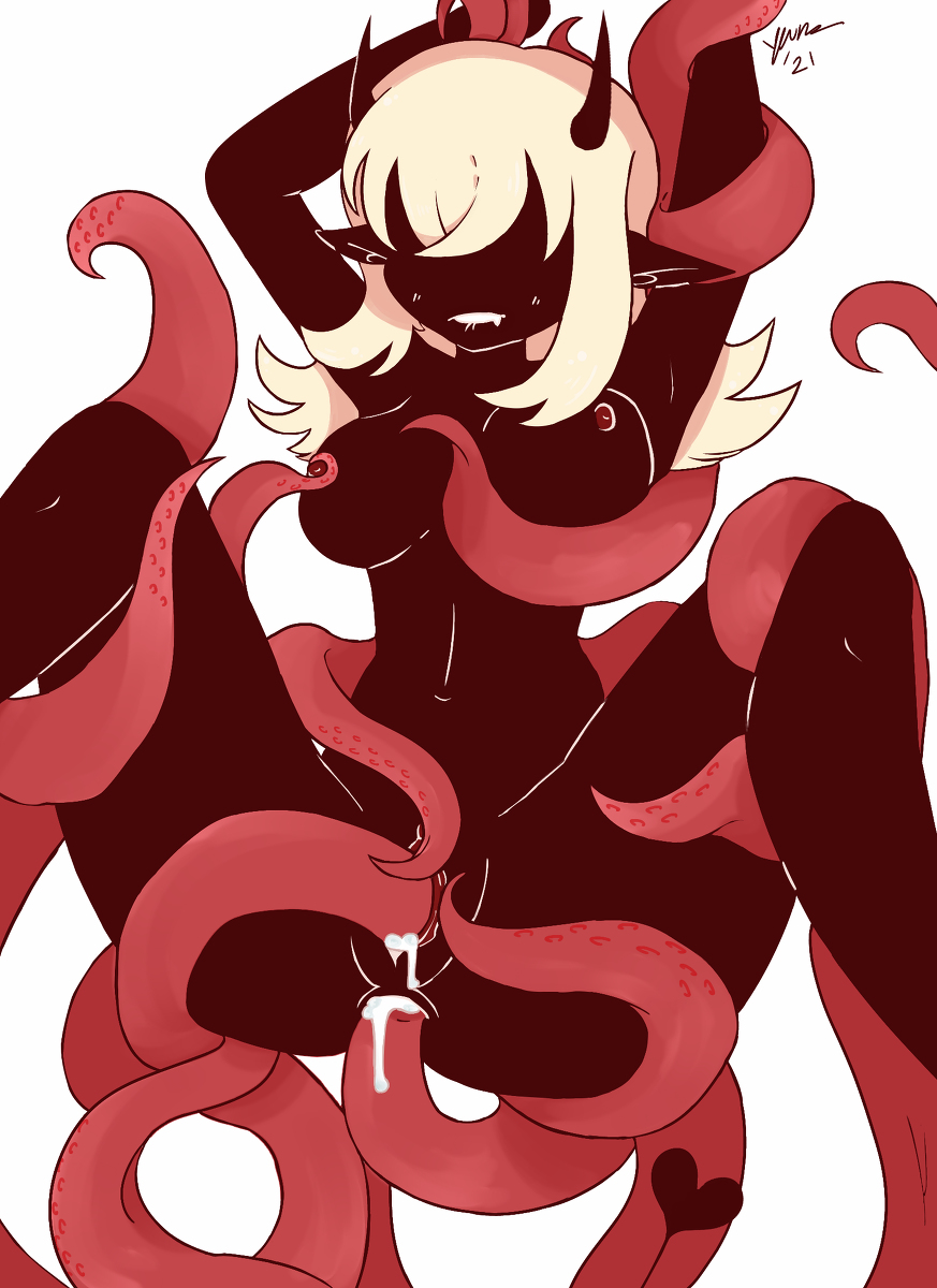 black_horns blonde_hair breasts cum cum_in_pussy demon_girl demon_horns demonchan demondice highres horns large_breasts tentacles yuna