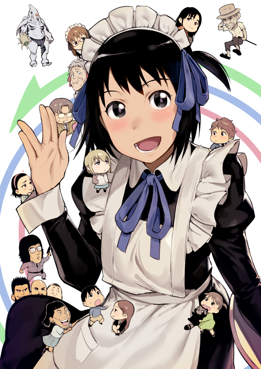1girl :d apron arashiyama_hotori arashiyama_takeru arashiyama_yukiko black_eyes black_hair blue_ribbon blush character_request hand_up haribara_harue highres ikuchan_kaoru isezaki_eri isohata_uki josephine_(soredemo_machi_wa_mawatteiru) kameidou_shizuka kon_futaba long_sleeves looking_at_viewer maid maid_apron maid_headdress matsuda_shunsaku moriaki_natsuhiko neck_ribbon open_mouth ribbon salute sanada_hiroyuki sanada_yuuji smile solo_focus soredemo_machi_wa_mawatteiru two_side_up vulcan_salute white_apron wrist_cuffs
