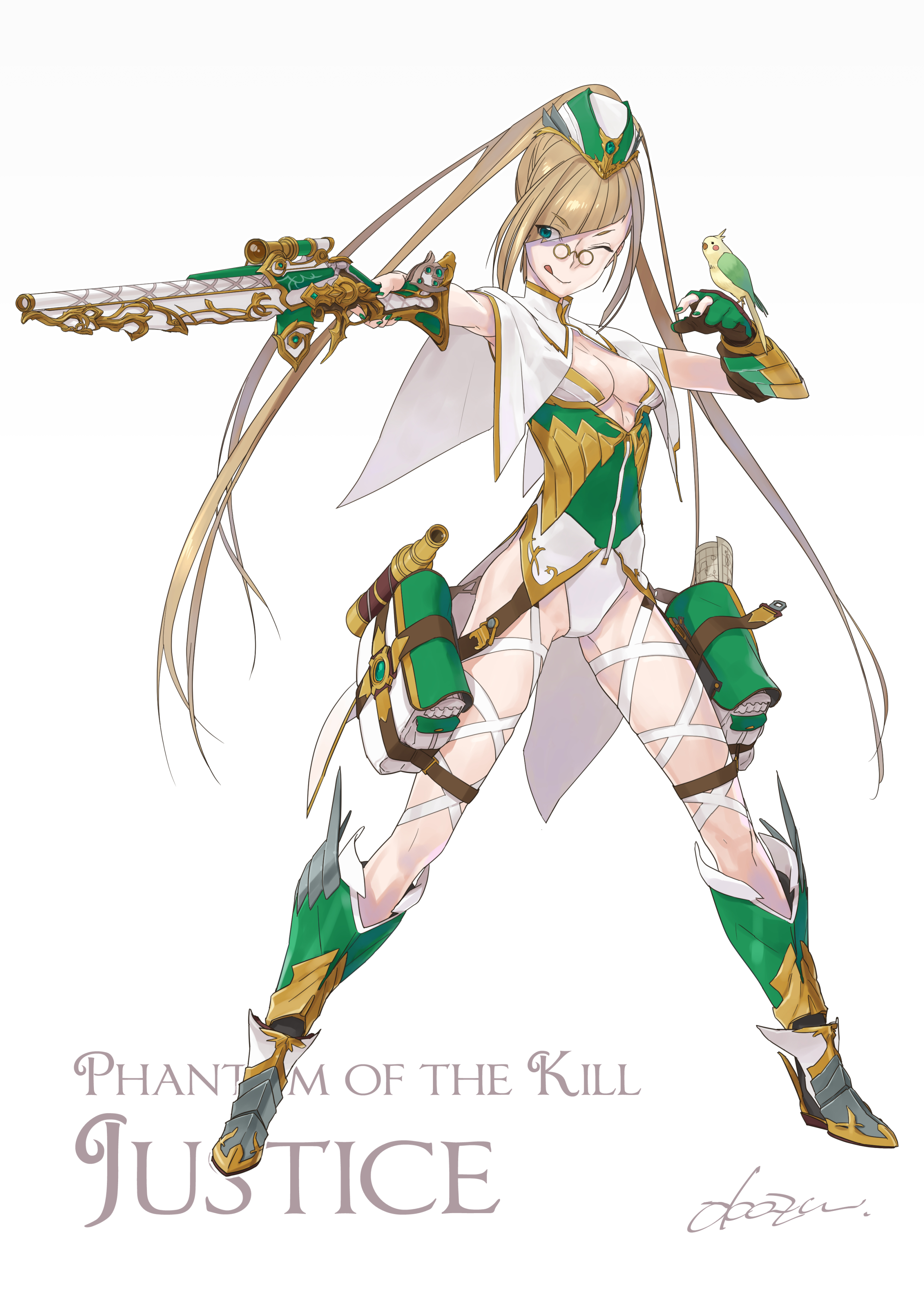 1girl :p absurdres aiming armor asymmetrical_bangs bird blonde_hair breasts capelet character_name cleavage cleavage_cutout clothing_cutout copyright_name gauntlets glasses greaves green_eyes gun hat highres holding holding_gun holding_weapon leotard map_(object) okazu-p_(kushino-okazu) one_eye_closed original parakeet perching phantom_of_the_kill pince-nez ponytail pouch rifle scope signature single_gauntlet solo telescope thigh_pouch thigh_strap tongue tongue_out weapon white_background