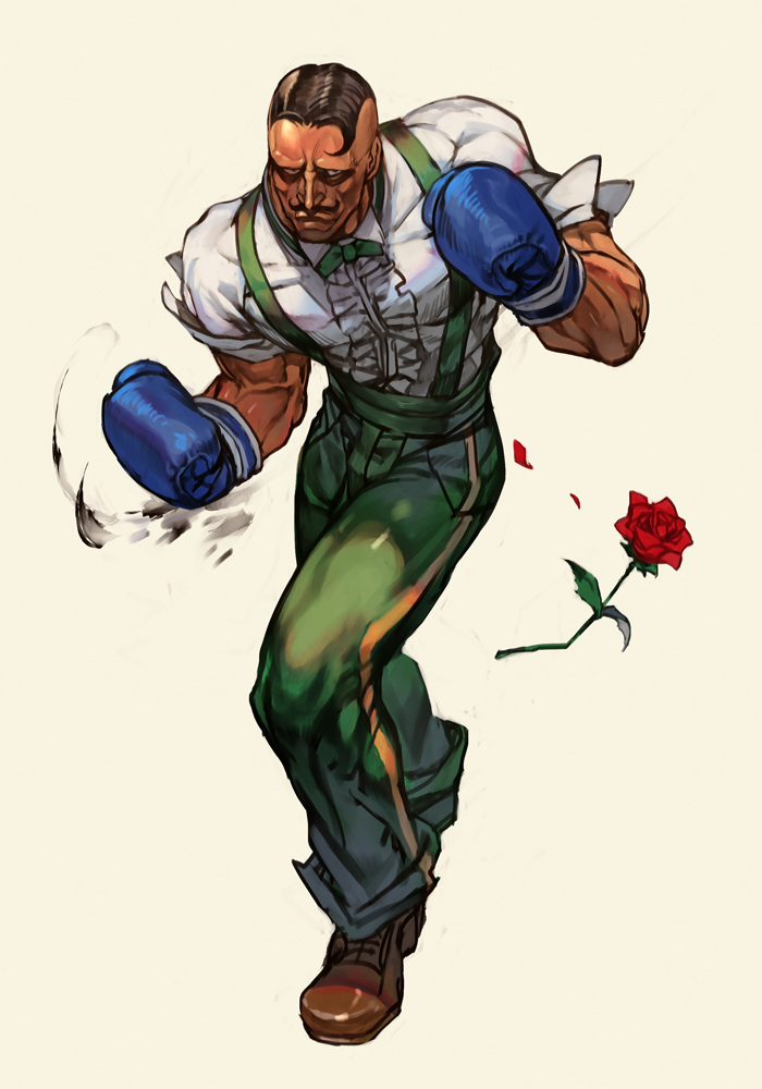 1boy black_hair bow bowtie boxing boxing_gloves brown_shoes capcom dark-skinned_male dark_skin dress_shirt dudley facial_hair fighting_stance flower full_body green_legwear hungry_clicker male_focus manly muscular mustache pants red_flower rose shirt shoes sleeves_rolled_up solo street_fighter street_fighter_iii_(series) suspenders