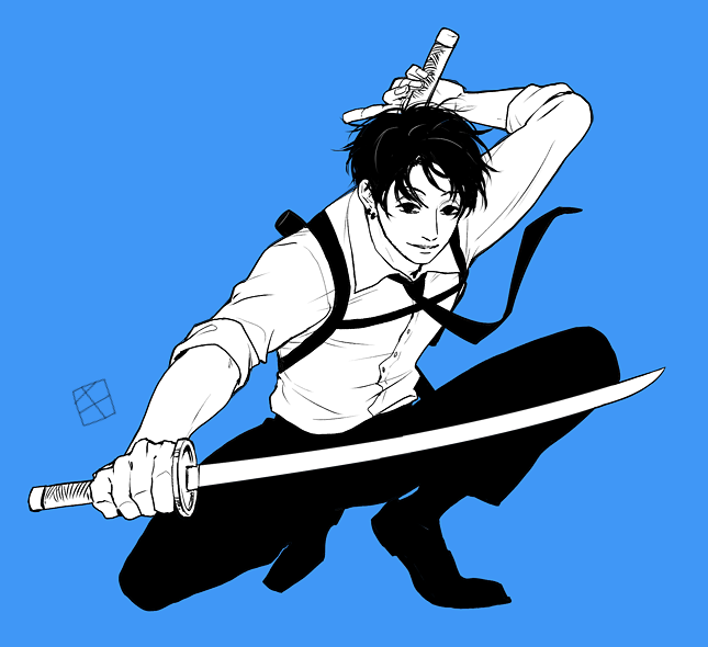 1boy artist_logo black_footwear black_necktie black_pants blue_background chainsaw_man chest_belt collared_shirt dual_wielding ear_piercing floating_neckwear greyscale_with_colored_background holding holding_sword holding_weapon katana kishibe_(chainsaw_man) kishibe_(young)_(chainsaw_man) kitunejima logo looking_at_viewer male_focus necktie pants piercing shirt shirt_tucked_in simple_background sleeves_rolled_up solo squatting sword weapon white_shirt