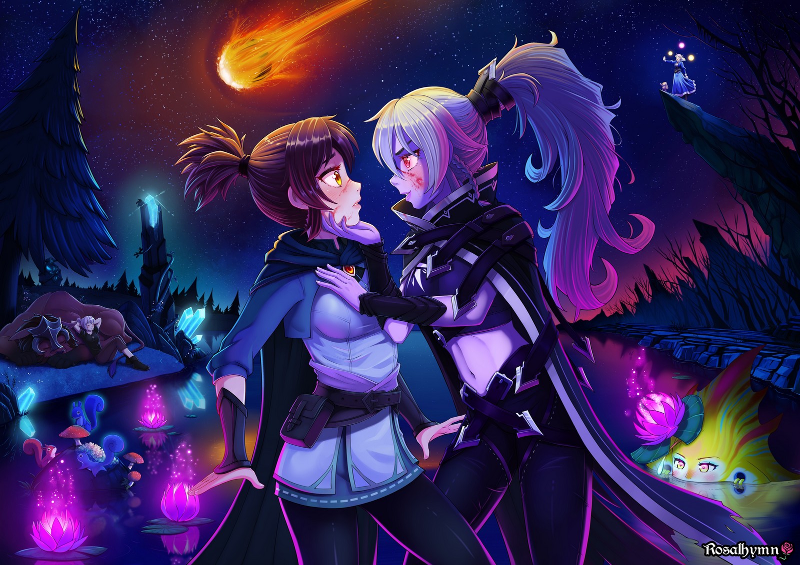 5girls animal arms_behind_head artist_name bare_tree belt belt_pouch black_cloak blood blood_on_face blue_dress blue_jacket bracer breasts brown_eyes brown_hair cape character_request check_spoilers cloak closed_eyes colored_skin commentary creature crop_top crystal dark_elf dota:_dragon's_blood dota_(series) dota_2 dress drow_ranger_(dota) elf english_commentary flower hand_on_another's_chest hand_on_another's_chin helmet highres jacket lily_pad long_hair lotus luna_(dota) magic marci_(dota) meteor midriff multiple_girls mushroom naga_siren_(dota) navel night night_sky outdoors outstretched_arm parted_lips peeking_out pine_tree pointy_ears ponytail pouch purple_skin red_eyes reflection reflective_water river riverbank rosalhymn short_hair sky sleeping sleeping_animal sleeping_on_animal spoilers squirrel standing star_(sky) starry_sky_background stuffed_animal stuffed_toy teeth three-quarter_sleeves tree watching white_hair