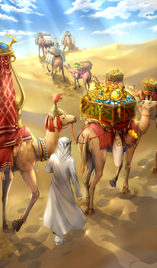 2others ambiguous_gender blue_sky camel cloud commentary day desert fate/grand_order fate_(series) footprints gold lasengle light_rays multiple_others object_request official_art reins sand scenery sky sunbeam sunlight third-party_source treasure walking