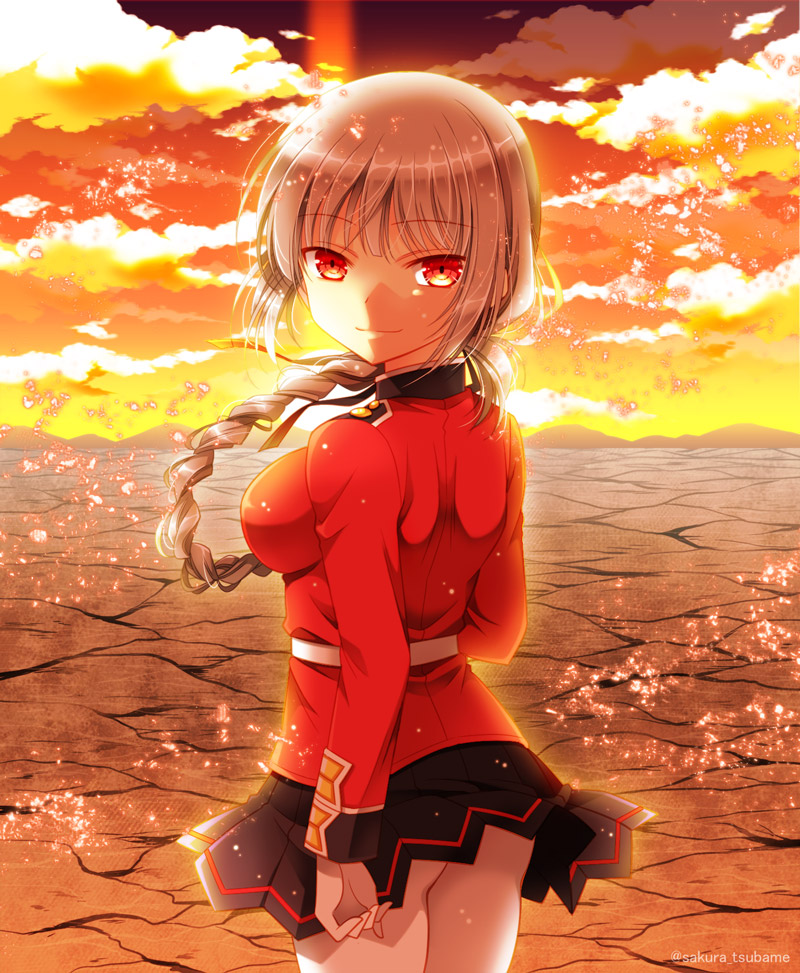 1girl arknights broken_ground fate/grand_order fate_(series) florence_nightingale_(fate) looking_at_viewer nightingale_(arknights) nightingale_(gundam) red_eyes red_shirt red_sky sakura_tsubame shirt skirt sky solo