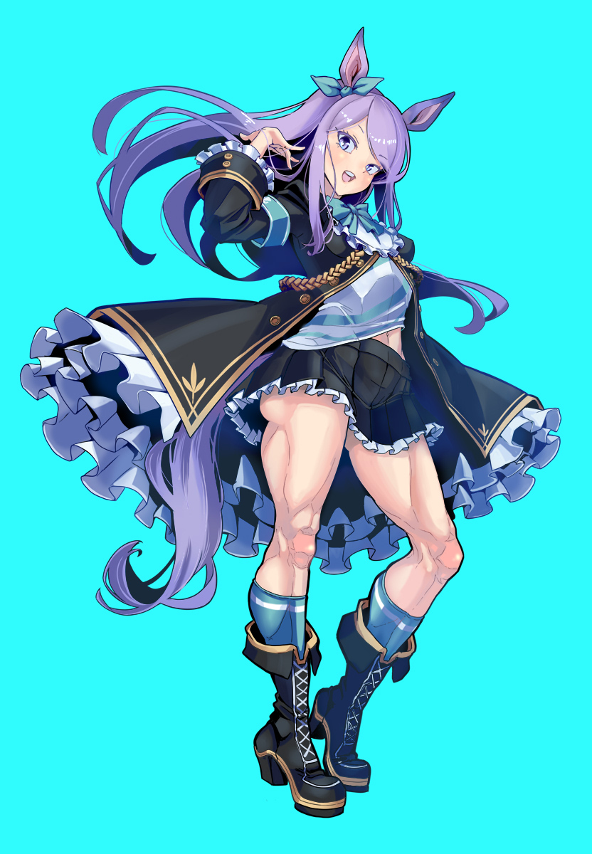 1girl aiguillette animal_ears aqua_background black_coat black_shoes blue_bow blue_bowtie bow bowtie buttons coat commentary_request ear_bow frilled_coat frilled_sleeves frills full_body highres horse_ears horse_girl horse_tail long_hair long_sleeves looking_at_viewer mejiro_mcqueen_(umamusume) pink_eyes pink_hair purple_hair shoes sidelocks simple_background smile solo swept_bangs tail take_nii umamusume walking wavy_hair
