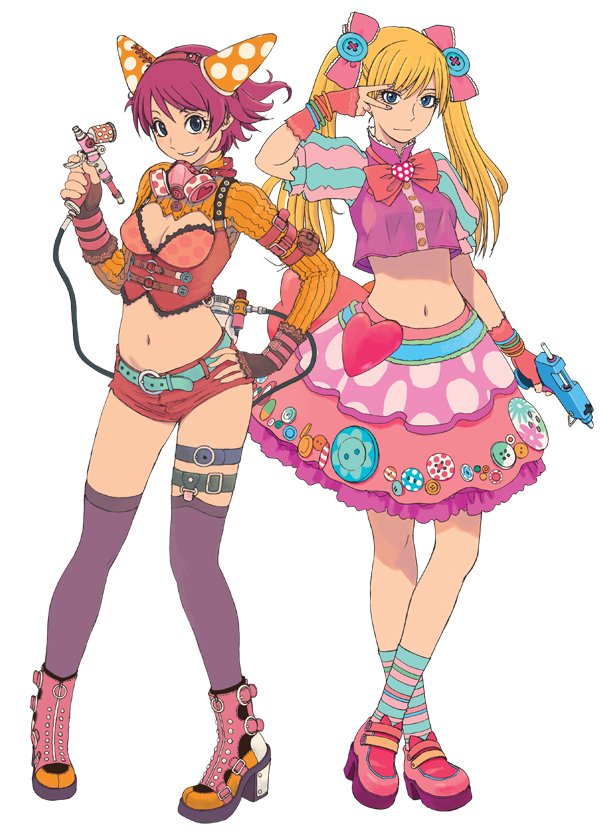2girls airbrush azuma_kiyohiko blonde_hair blue_eyes boots bow brown_eyes buttons cleavage_cutout clothing_cutout contrapposto crop_top crossed_legs dress fingerless_gloves gloves glue_gun hand_on_own_hip legwear_garter midriff multiple_girls official_art pigeon-toed pink_gloves purple_hair purple_legwear reset_(wonder_festival) short_hair short_shorts shorts simple_background socks standing striped_clothes striped_legwear striped_socks thigh_strap thighhighs twintails v wanda_(wonder_festival) white_background wonder_festival