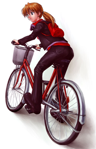 1girl alternate_hairstyle backpack bag bicycle black_eyes black_jacket black_pants brown_hair cruiser_bicycle emoncake. female_focus from_behind jacket long_hair long_sleeves looking_to_the_side neon_genesis_evangelion pants ponytail randoseru red_hair solo souryuu_asuka_langley white_background