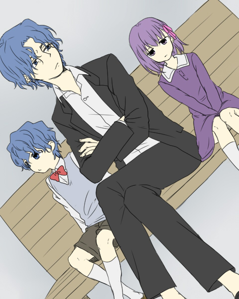1girl 2boys bow bowtie brother_and_sister carnival_phantasm crossed_arms dress fate/zero fate_(series) formal_clothes hair_ribbon matou_byakuya matou_sakura matou_sakura_(fate/zero) matou_shinji multiple_boys purple_eyes purple_hair ribbon ronpaxronpa short_hair siblings sitting suit sweater_vest