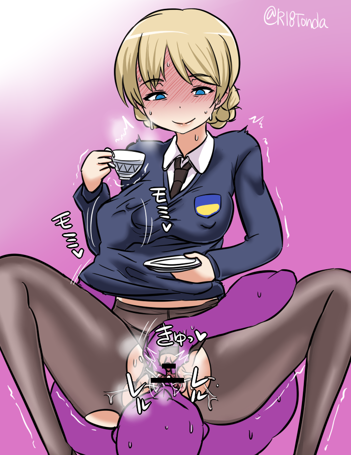 1boy 1girl blonde_hair blue_eyes blush braid breasts censored clitoral_stimulation clitoris clitoris_tweak cunnilingus cup darjeeling_(girls_und_panzer) girl_on_top girls_und_panzer grabbing_another&#039;s_breast groping hetero holding holding_cup large_breasts oral pantyhose pussy short_hair sitting sitting_on_face sitting_on_person st._gloriana&#039;s_school_uniform sweat tonda torn_clothes torn_pantyhose