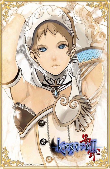 1girl 2005 alicia_(kagerou) allura armpits arms_behind_head arms_up blonde_hair blue_eyes breasts brooch buttons chain cleavage copyright_name cross dated detached_collar detached_sleeves earrings female_focus framed hairband heart jewelry kagero_deception kagerou_ii lace light_brown_hair looking_at_viewer maeda_hirotaka official_art short_hair small_breasts solo tecmo trapt upper_body