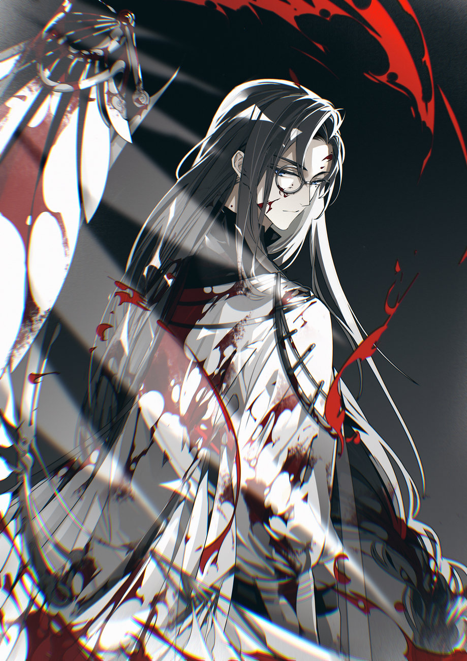 1boy alternate_hair_color angel_wings arm_at_side black_background black_hair black_undershirt blood blood_on_clothes blood_on_face blood_splatter bloody_wings blue_eyes braid cape chinese_commentary clarence_clayden closed_mouth cowboy_shot curtained_hair expressionless feathered_wings from_behind gloves highres limited_palette long_hair long_sleeves looking_at_viewer looking_back lovebrush_chronicles low-braided_long_hair low-tied_long_hair male_focus mechanical_wings mole mole_under_eye monocle pants parted_bangs pol puffy_long_sleeves puffy_sleeves shirt sidelocks sideways_glance single_braid solo standing torn_clothes turtleneck very_long_hair white_cape white_gloves white_pants white_shirt white_wings wings