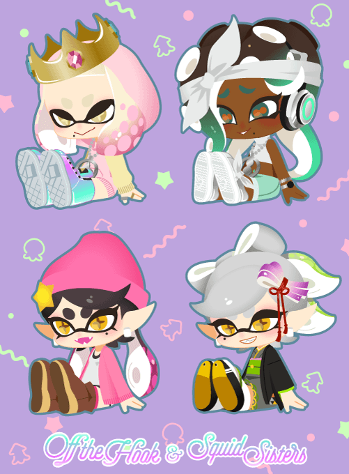 4girls aqua_eyes aqua_hair bandana beanie black_hair black_haori blonde_hair blue_pants boots brown_footwear brown_hair callie_(agent_1_casual)_(splatoon) callie_(splatoon) cardigan cephalopod_eyes chain chain_necklace chibi chibi_only closed_mouth commentary_request cropped_sweater cross-shaped_pupils crown dark-skinned_female dark_skin earrings fangs food-themed_hair_ornament forehead full_body furrowed_brow gold_crown gradient_hair green_hair grey_footwear grey_hair grey_kimono grin group_name hair_ornament half-closed_eyes haori hat hat_ornament headphones high_tops hood hood_up hoodie horizontal_pupils inkling japanese_clothes jewelry kimono long_hair marie_(kimono)_(splatoon) marie_(splatoon) marina_(dj_hyperfresh)_(splatoon) marina_(splatoon) medium_hair midriff mole mole_under_eye mole_under_mouth multicolored_footwear multicolored_hair multiple_girls multiple_rings necklace nintendo octoling okobo open_cardigan open_clothes open_mouth orange_pupils pants parted_bangs pearl_(mc.princess)_(splatoon) pearl_(splatoon) pink_cardigan pink_hair pink_hat pink_hoodie platform_sandals pointy_ears purple_background ring sandals shirt shoes short_bangs sitting smile sneakers splatoon_(series) splatoon_2 star_(symbol) star_hat_ornament sweater swept_bangs symbol-shaped_pupils tabi tentacle_hair thick_eyebrows two-tone_hair watch white_bandana white_shirt white_sweater wristwatch yellow_eyes yellow_sleeves yeneny