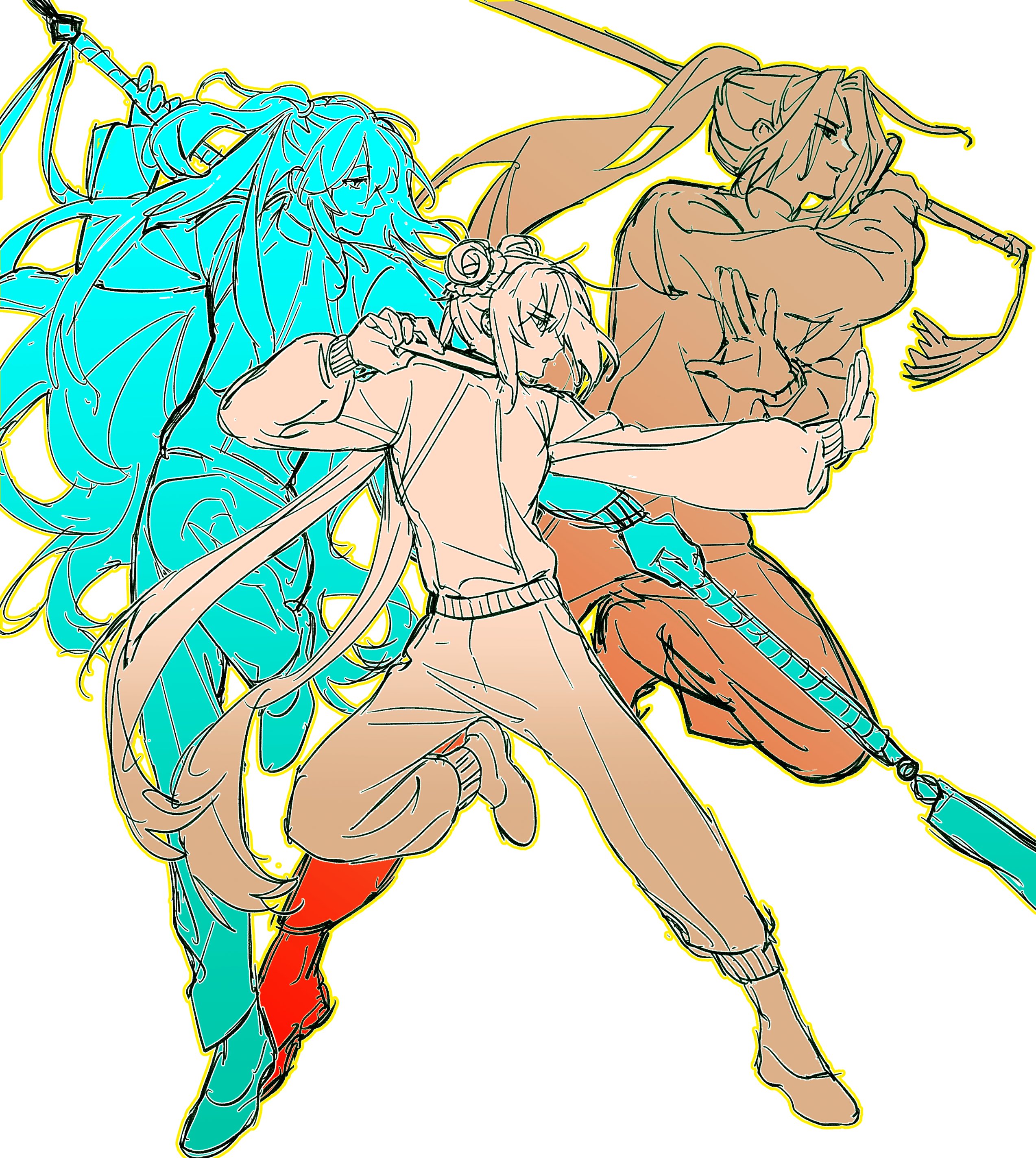 1girl 2boys absurdres brother_and_sister brothers double_bun folded_fan folding_fan from_side full_body grin guan_dao hair_bun half_updo hand_fan high_ponytail highres holding holding_fan holding_pole holding_sword holding_weapon hong_lu_(project_moon) jia_huan_(project_moon) jia_xichun_(project_moon) jian_(weapon) limbus_company long_hair long_sleeves multiple_boys outstretched_hand partially_colored pole polearm ponytail project_moon siblings smile standing standing_on_one_leg sword track_suit twintails weapon white_background yuanxiu46324184