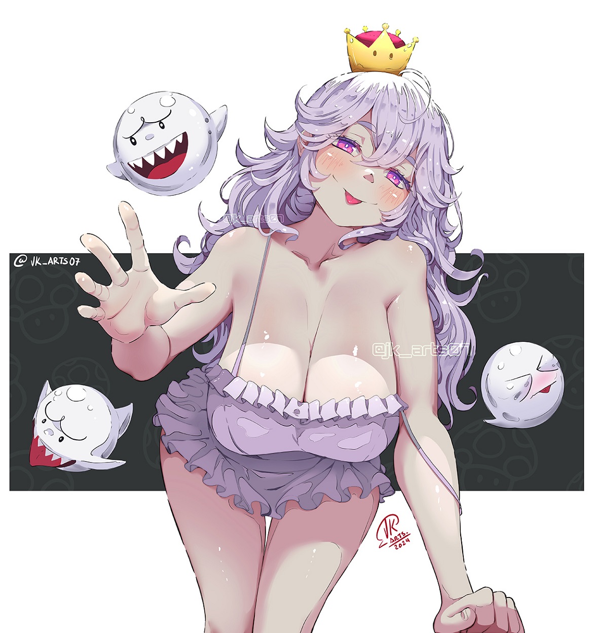 1girl 3others bare_legs breasts crown dress highres jk_arts king_boo large_breasts mario_(series) multiple_others nintendo princess_king_boo purple_dress simple_background tongue tongue_out twitter twitter_username white_background white_hair