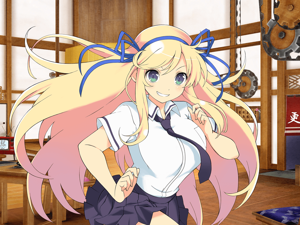 1girl architecture blonde_hair blue_necktie blue_ribbon blush breast_pocket breasts chair crt east_asian_architecture green_eyes hair_ribbon hanzou_academy_school_uniform indoors katsuragi_(senran_kagura) large_breasts long_hair looking_at_viewer miniskirt necktie ninto_(senran_kagura) official_art pleated_skirt pocket ribbon school_uniform senran_kagura senran_kagura_new_link senran_kagura_shoujo-tachi_no_shin&#039;ei shirt short_sleeves shouji sidelocks skirt sliding_doors smile smirk solo table teeth television very_long_hair white_shirt wooden_floor yaegashi_nan