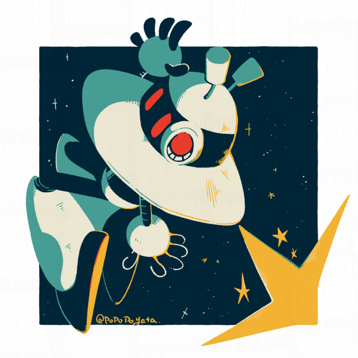 1boy antennae armor black_skin colored_skin galaxy_man hand_up male_focus mega_man_(classic) mega_man_(series) mega_man_9 popopoyata red_eyes robot robot_ears sky solid_oval_eyes solo space star_(sky) starry_sky waving white_armor