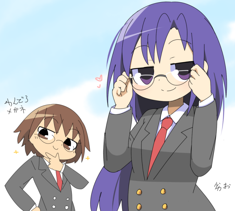 2girls adjusting_eyewear bespectacled black_jacket brown_eyes brown_hair buttons closed_mouth commentary_request glasses goshiki_agiri hand_on_own_chin heart jacket kill_me_baby lets0020 long_hair long_sleeves looking_at_viewer multiple_girls necktie oribe_yasuna purple_eyes purple_hair red_necktie school_uniform shirt short_hair smile smug split_mouth translation_request upper_body white_shirt