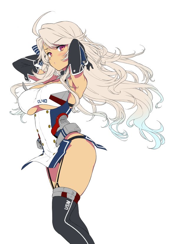 ahoge arms_behind_head azur_lane bow breasts brooklyn_(azur_lane) collar dark-skinned_female dark_skin dress elbow_gloves garter_straps gloves hair_bow large_breasts panties purple_eyes short_dress solo thighhighs underboob underwear zekkyou_(h9s9)