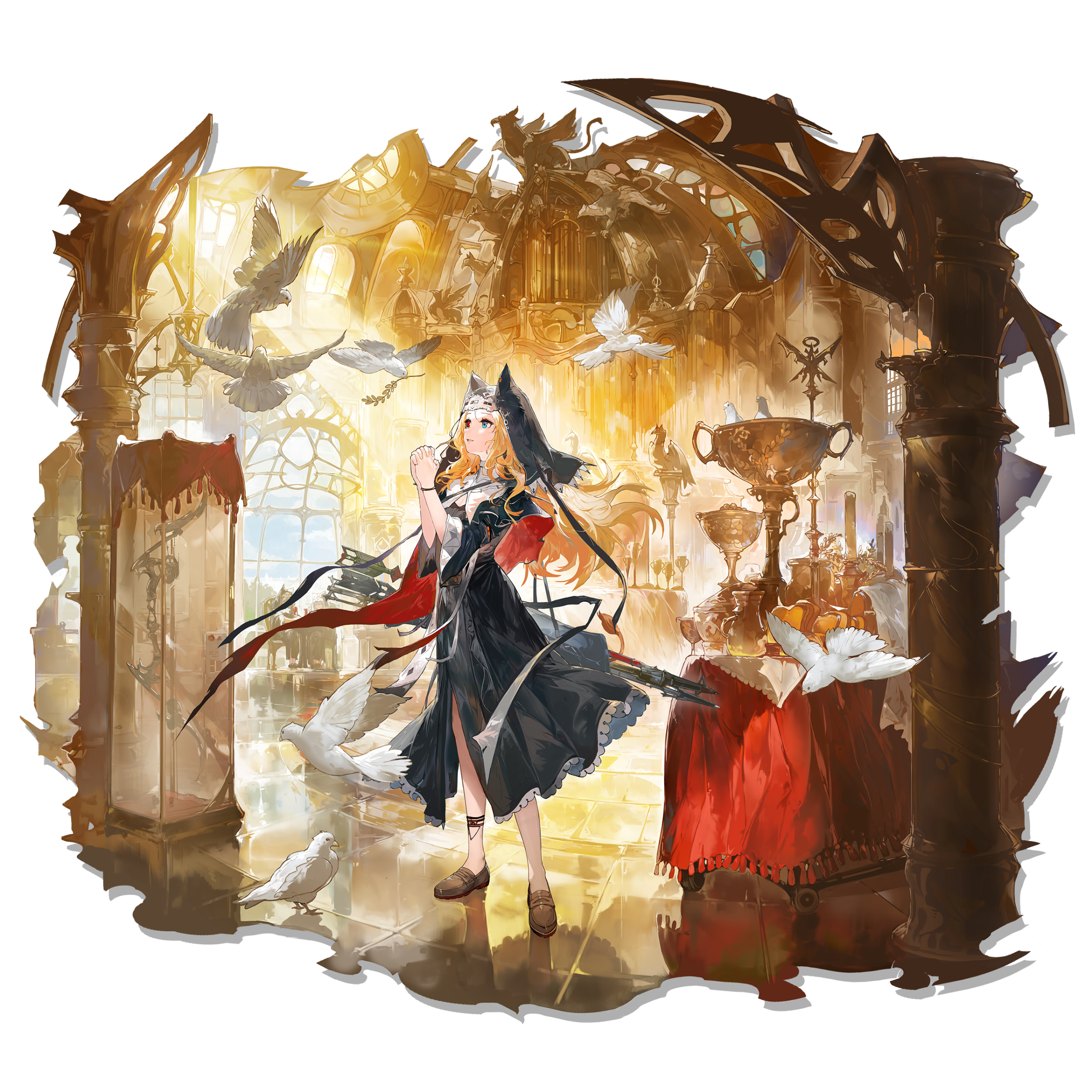 1girl absurdres alchemaniac archetto_(arknights) archetto_(glory_of_the_devout)_(arknights) arknights arrow_(projectile) bare_legs bird black_dress black_shawl blue_eyes church dress ears_under_headwear highres loafers looking_to_the_side multicolored_eyes no_socks nun official_alternate_costume official_art orange_hair pigeon praying red_eyes red_shawl shawl shoes solo traditional_nun white_bird