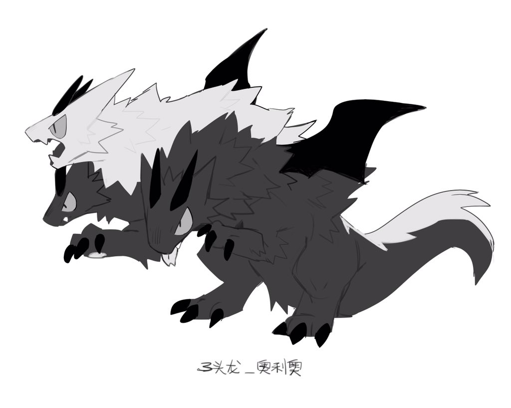 black_fur black_horns black_wings claws dg_jia dragon fang forked_tongue from_side horns monster monster_focus multiple_heads no_humans open_mouth original simple_background slit_pupils tongue tongue_out two-tone_fur white_background white_fur wings