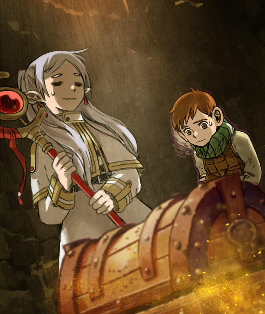 1boy 1girl =_= armor brown_hair capelet chilchuck_tims crossover dungeon_meshi earrings elf floating_earring frieren gold_trim green_scarf hair_over_shoulder holding holding_staff indoors jewelry kjk_kat12349 leather_armor long_sleeves mage_staff nervous parted_bangs pointy_ears scarf season_connection short_hair sleeve_cuffs sousou_no_frieren staff standing treasure_chest twintails upper_body wavy_mouth white_capelet
