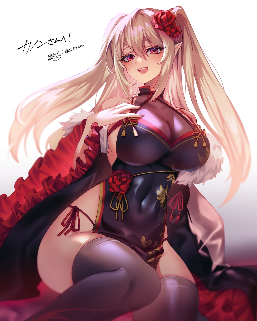 1girl :d black_dress black_thighhighs blonde_hair blurry breasts china_dress chinese_clothes cleavage commission covered_navel depth_of_field dress flower frills hair_flower hair_ornament hand_on_own_chest highres large_breasts open_mouth panties pelvic_curtain phantasy_star phantasy_star_online_2 pointy_ears red_eyes second-party_source shiny_clothes short_dress side-tie_panties sidelocks sitting skeb_commission smile solo string_panties teeth thighhighs two_side_up underwear upper_teeth_only wide_sleeves zero-go