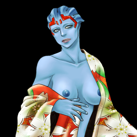1girl alien areola_slip asari_(mass_effect) black_background blue_eyes blue_skin breasts collarbone colored_skin covered_erect_nipples female_focus headgear image_sample japanese_clothes large_breasts lowres mass_effect_(series) mass_effect_1 nipples off_shoulder pixiv_sample samara_(mass_effect) solo undressing