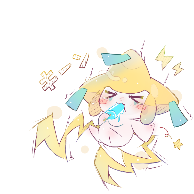 &gt;_&lt; artist_request bad_id bad_pixiv_id blush brain_freeze creature creature_focus food gen_3_pokemon jirachi legendary_pokemon mythical_pokemon nintendo no_humans ofuda ofuda_on_head pokemon pokemon_(creature) popsicle skirt star_(symbol) white_skirt