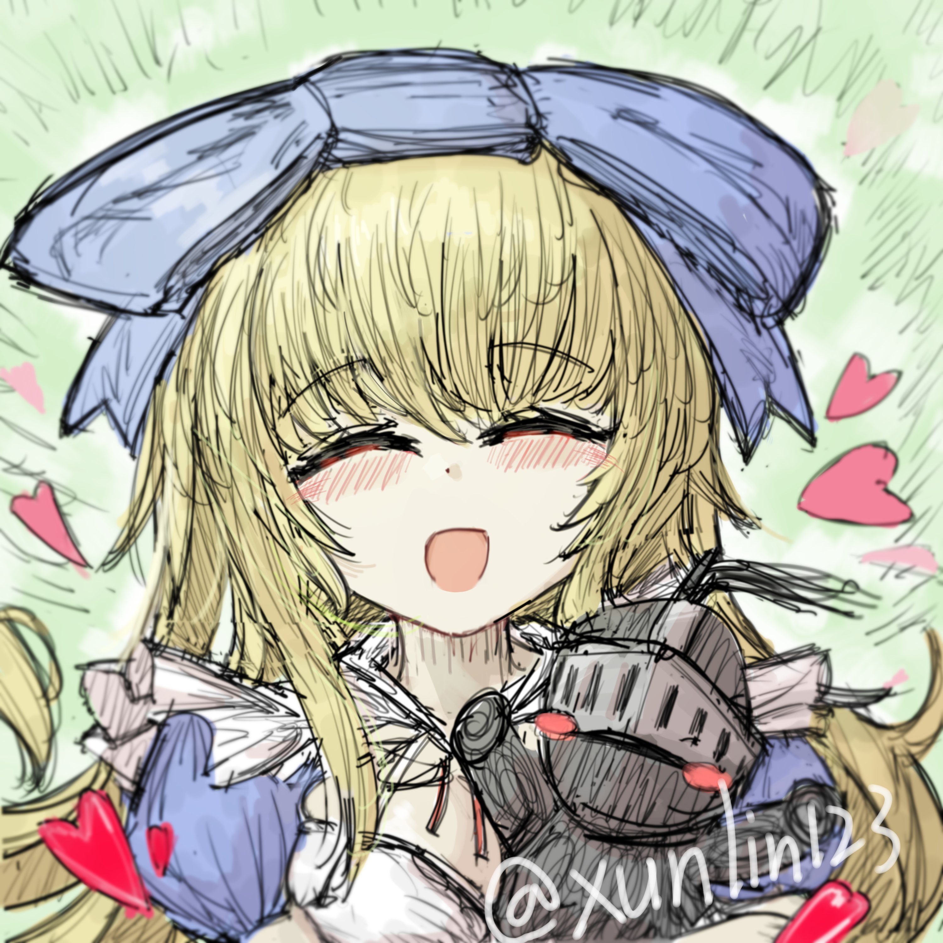 1girl ^_^ absurdres alice_(black_souls) black_souls blonde_hair blue_bow blush bow breasts character_doll chinese_commentary closed_eyes commentary_request doll facing_viewer green_background grimm_(black_souls) hair_bow heart highres large_breasts long_hair neck_ribbon open_mouth puffy_short_sleeves puffy_sleeves ribbon short_sleeves smile solo twitter_username upper_body xun_lin_(pixiv_93392103)