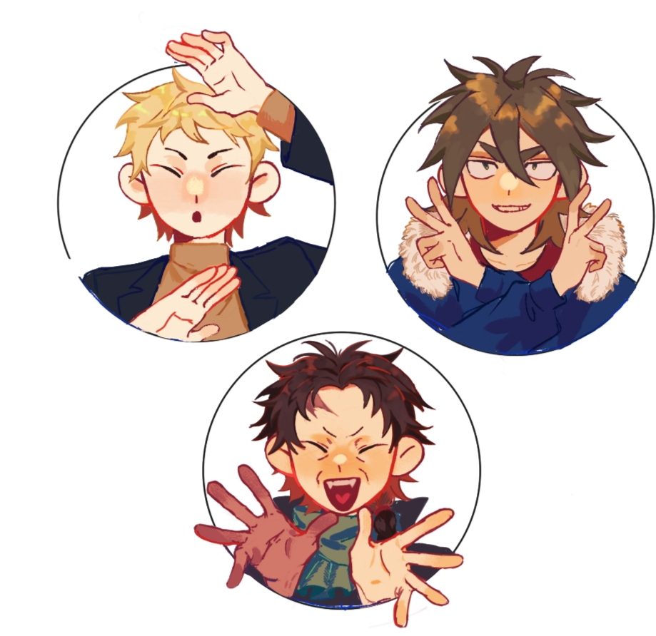 3boys arm_up atou_haruki black_jacket blonde_hair blue_jacket brown_hair brown_sweater chinese_commentary closed_eyes commentary_request fangs fur-trimmed_jacket fur_trim green_eyes green_scarf grin hair_between_eyes hand_up hands_up harada_minoru heart heart_in_mouth isoi_reiji jacket laomiao409 long_sleeves male_focus medium_hair multiple_boys open_clothes open_jacket open_mouth red_shirt saibou_shinkyoku sanpaku scar scar_on_face scar_on_forehead scarf shirt short_hair smile sweater thick_eyebrows turtleneck turtleneck_sweater white_background yona_yona_dance