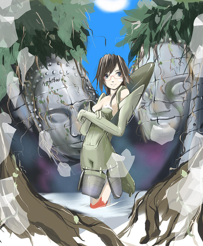 1girl aircraft airplane apocalypse_now bandaid blue_eyes brown_hair crossed_arms detached_sleeves elbow_gloves f-105 female_focus glasses gloves jet leaf mecha_musume military nano_(nanosize) original red-framed_eyewear solo statue sun tree wading water