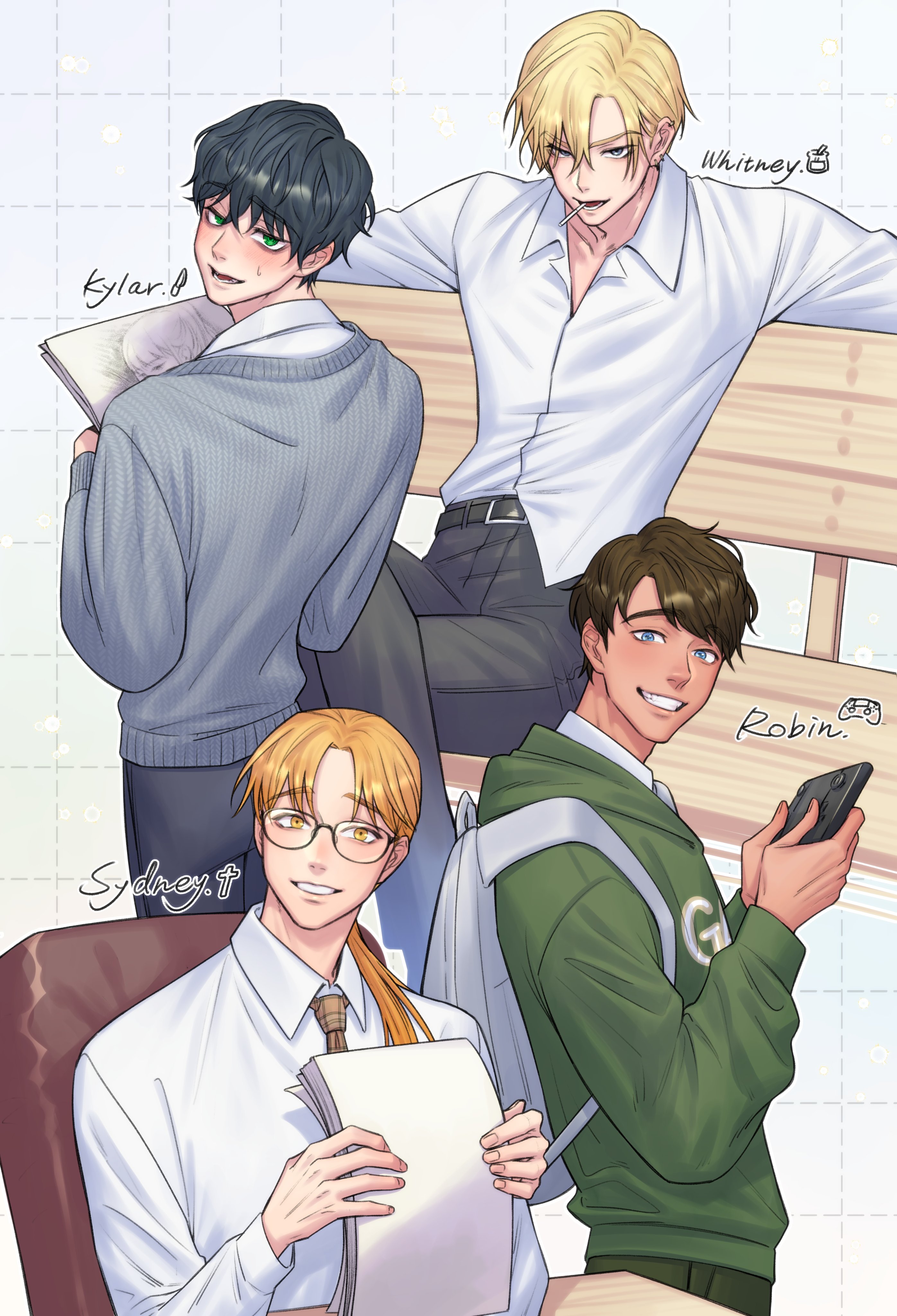 4boys absurdres bench black_hair black_pants blonde_hair blue_eyes boukun927 brown_hair character_name collared_shirt crossed_legs degrees_of_lewdity glasses green_eyes green_jacket grey_sweater grid_background grin handheld_game_console highres holding holding_handheld_game_console holding_paper jacket kylar_(degrees_of_lewdity) kylar_(male)_(degrees_of_lewdity) long_hair looking_at_viewer male_focus multiple_boys necktie orange_eyes pants paper park_bench ponytail robin_(degrees_of_lewdity) robin_(male)_(degrees_of_lewdity) shirt short_hair sitting smile sweater sydney_(degrees_of_lewdity) sydney_(male)_(degrees_of_lewdity) white_shirt whitney_(degrees_of_lewdity) whitney_(male)_(degrees_of_lewdity)